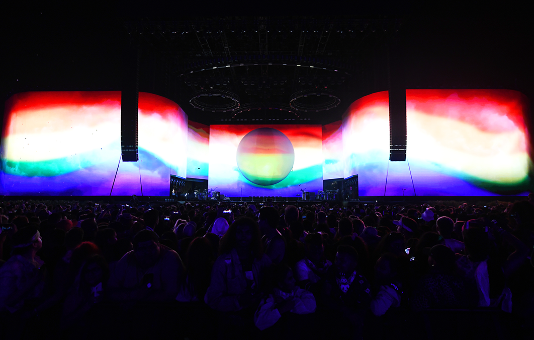 Large video display for concert featuring multicolour design