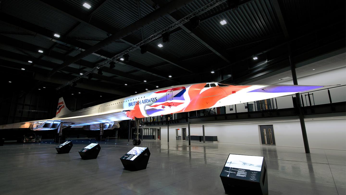 Concorde display with projection mapping display of union jack on plane