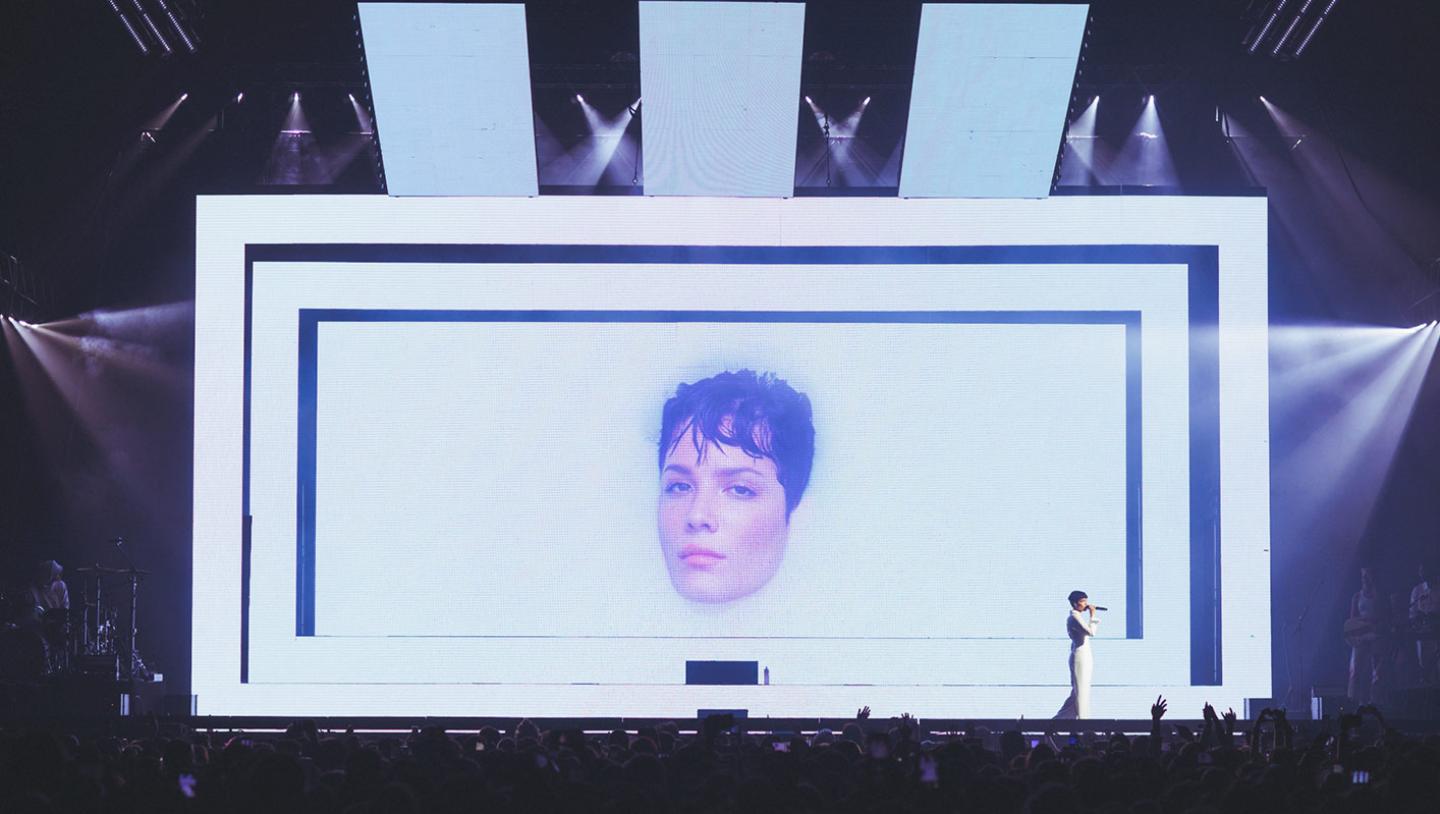 Halsey's face displayed on white background for LED stage backdrop