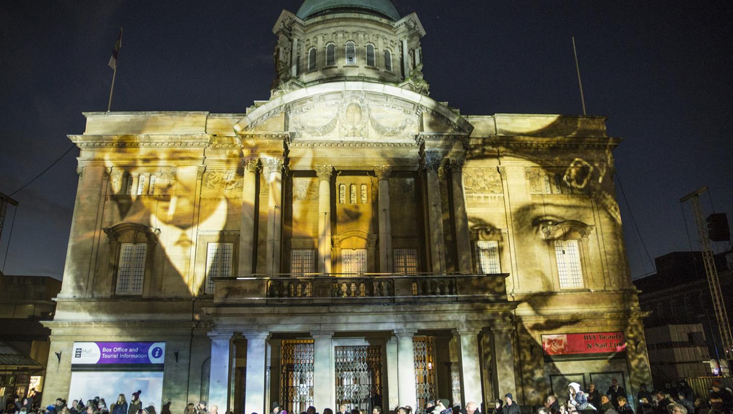 Historical figures projected on building in Hull