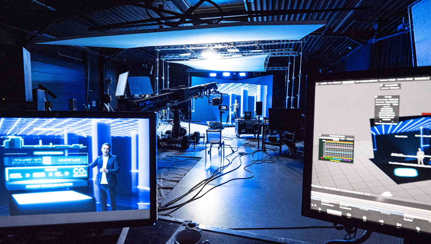 virtual broadcast studio workflow seen through computer screens