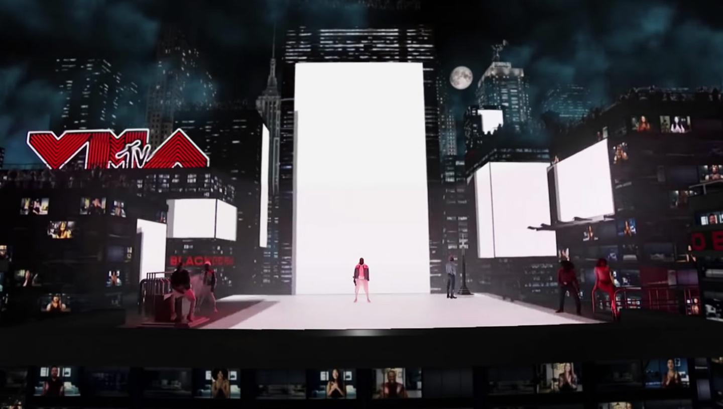 Stage design for VMA awards featuring city environment in video